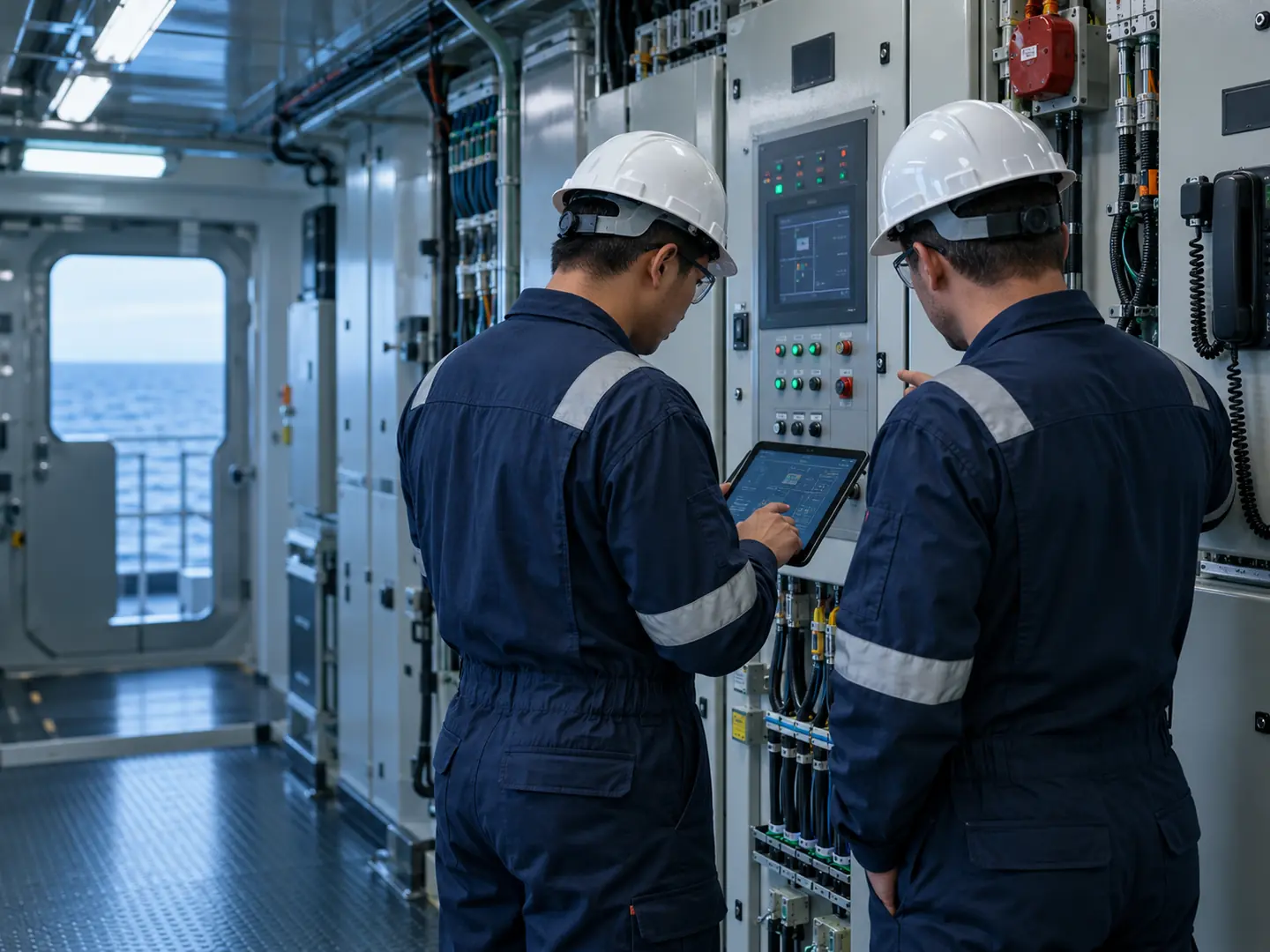 Marine engineer working with technical systems