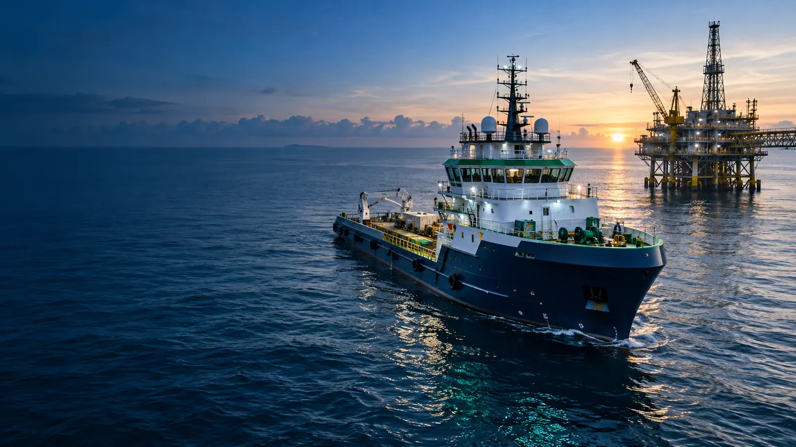 Offshore support vessel operating at sea near an offshore platform